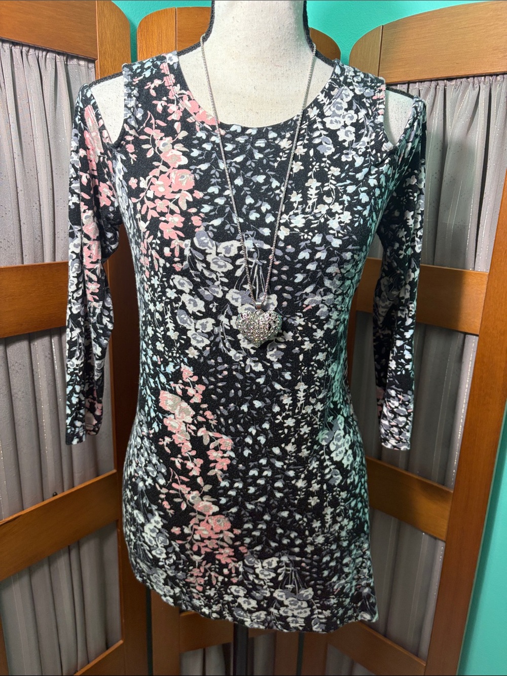 Fever Black Floral Cold-Shoulder Long Sleeve top with Pink and White Accents